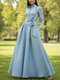 Maxi Linen Dress, Long Sleeves, Shawl Collar, Plain, Belt Design, Vintage, Blue