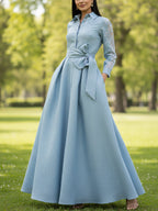 Maxi Linen Dress, Long Sleeves, Shawl Collar, Plain, Belt Design, Vintage, Blue