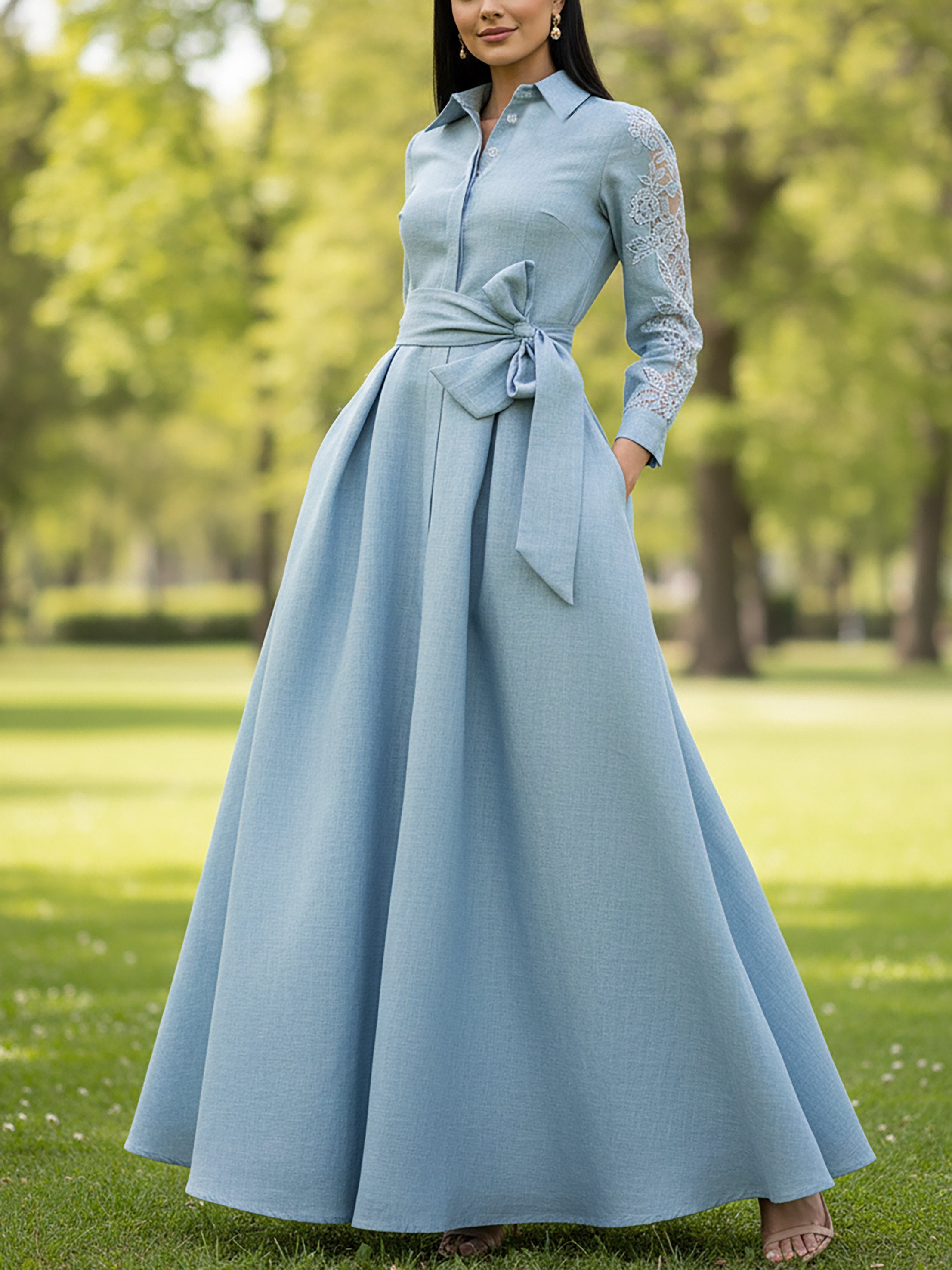 Maxi Linen Dress, Long Sleeves, Shawl Collar, Plain, Belt Design, Vintage, Blue