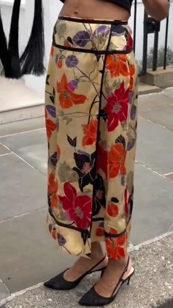 Vintage Watercolor Flower Print Straight Midi Skirt