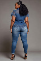 Plus Size Denim Fringe Rhinestone Top