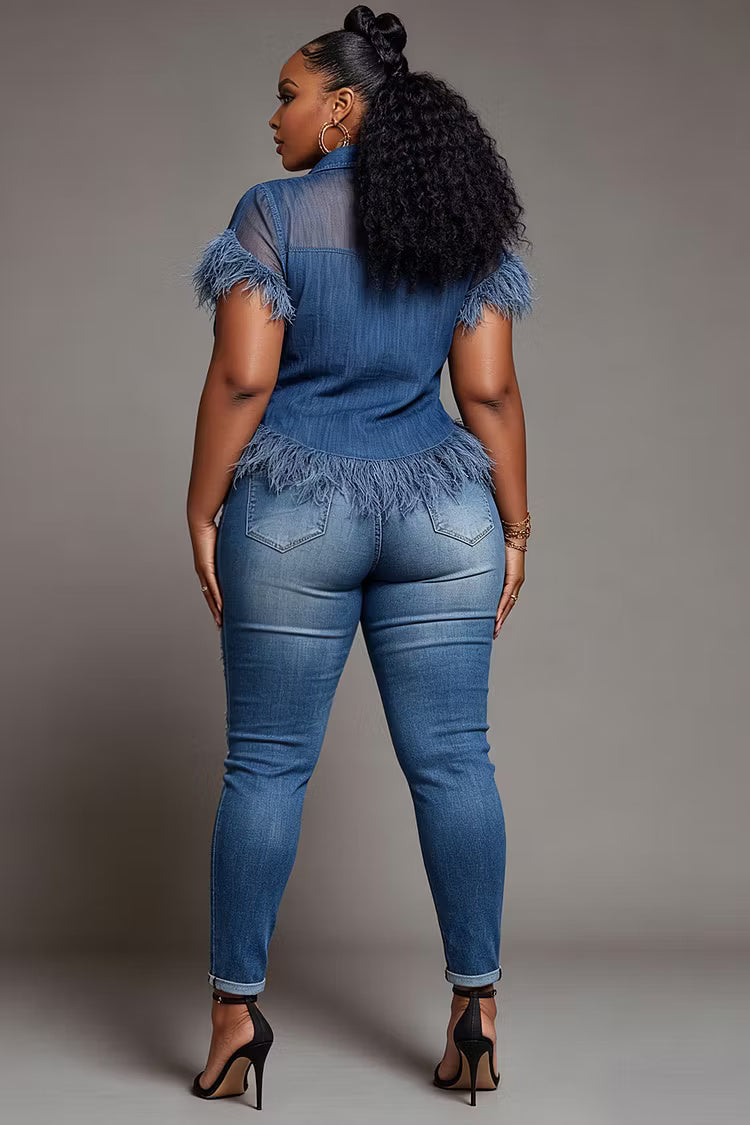 Plus Size Denim Fringe Rhinestone Top