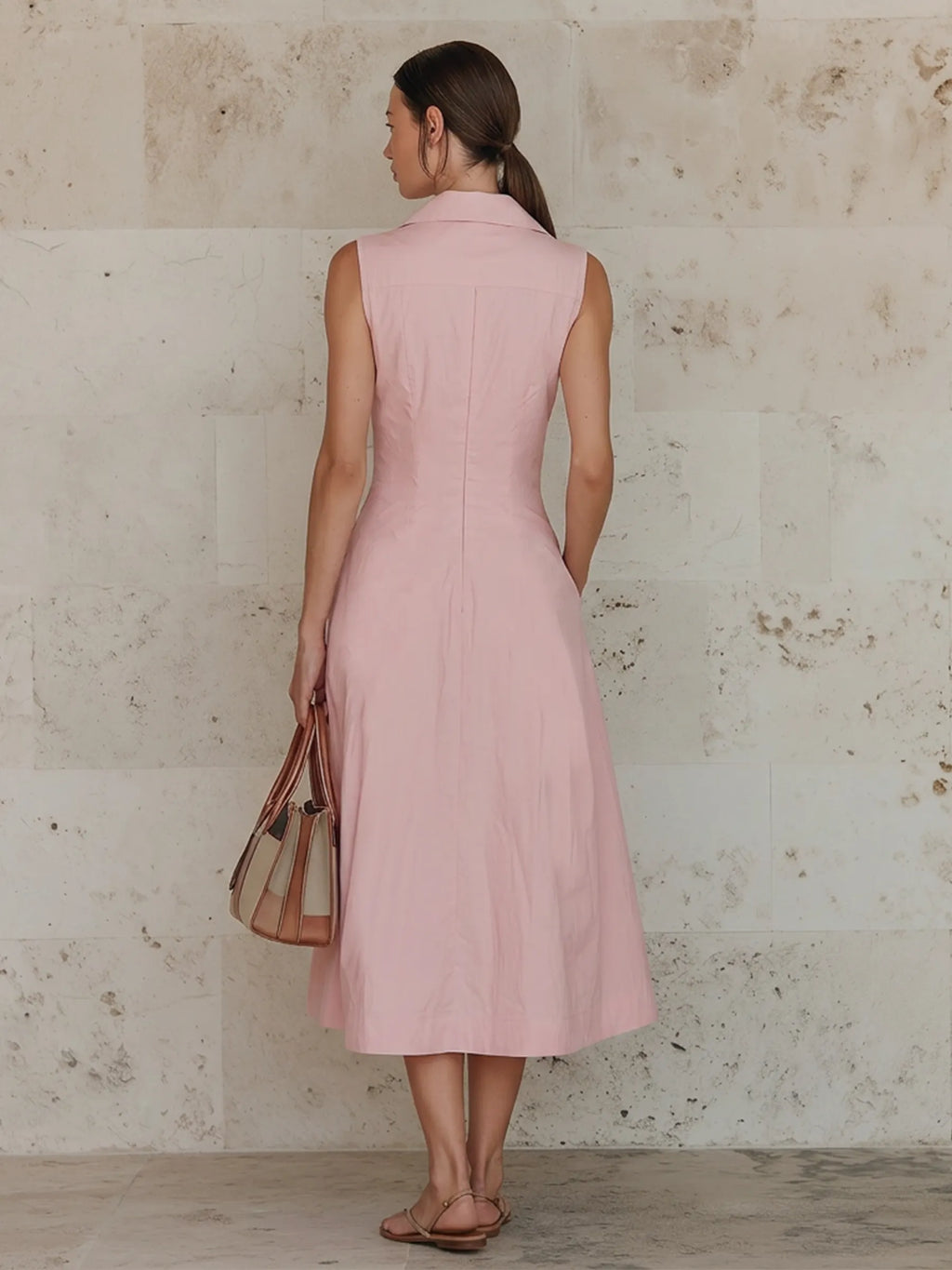 Blush Pink Cotton-Linen Blend Zip-Front Sleeveless Midi Dress