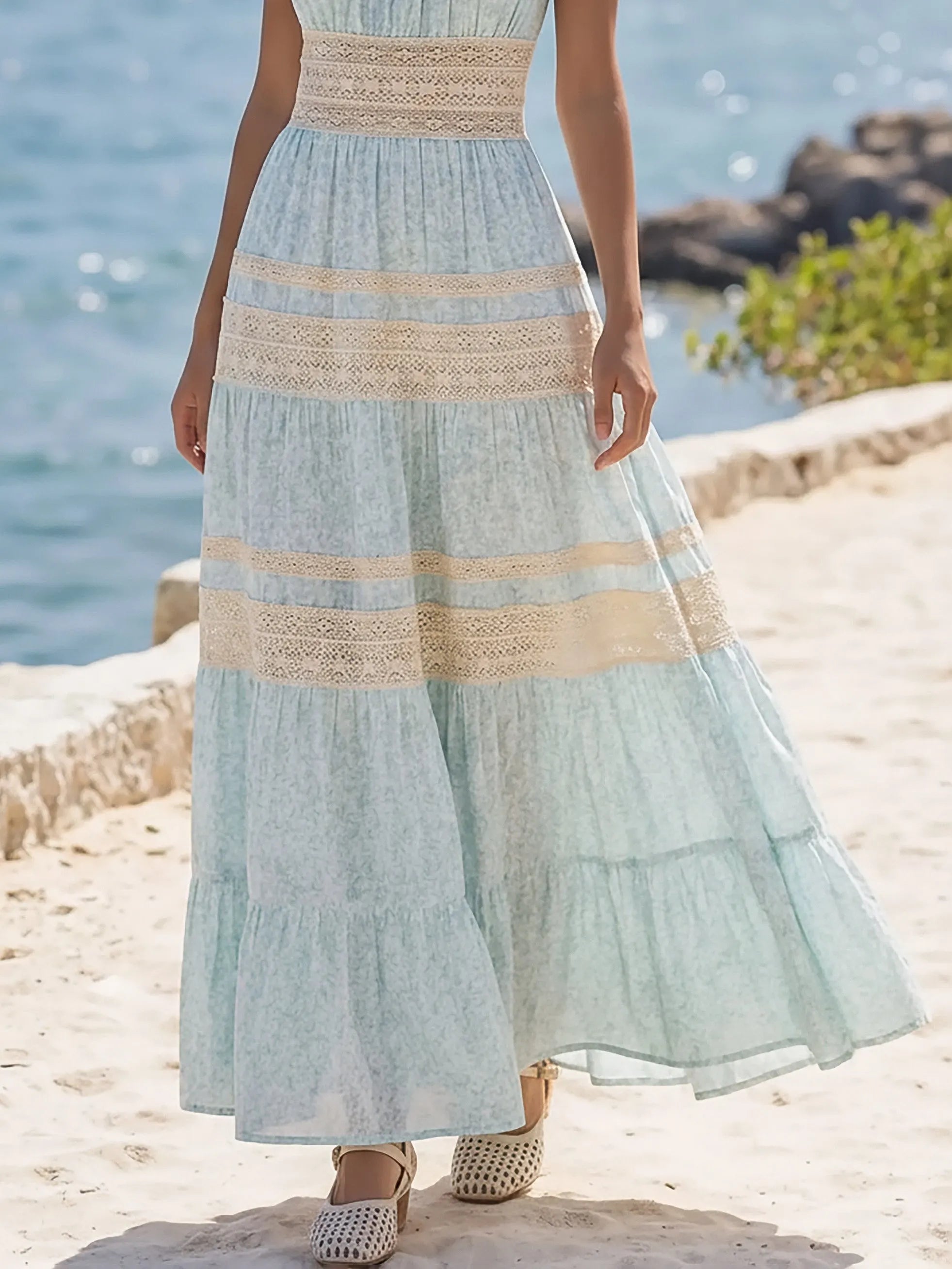 Maxi Linen Dress, Sleeveless, Floral, Lace, Vacation, Vintage, Blue