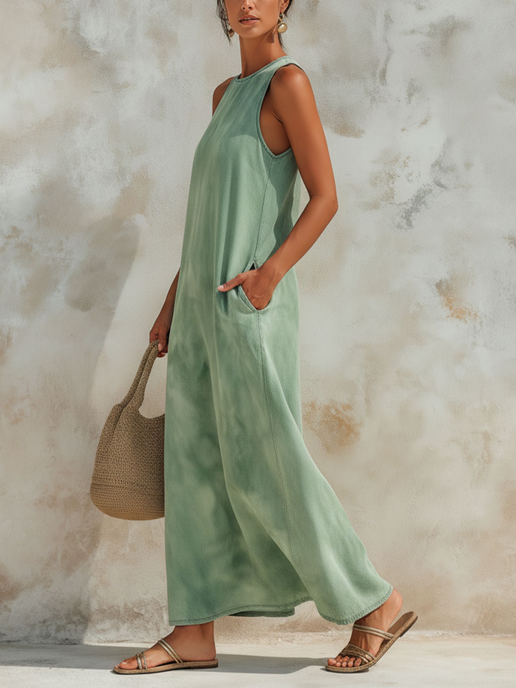 Washed Green Tencel Denim Sleeveless Maxi Dress