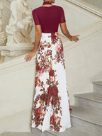 Wine Red Lace Floral Satin V Neck Short Sleeve A-Line Maxi Dress