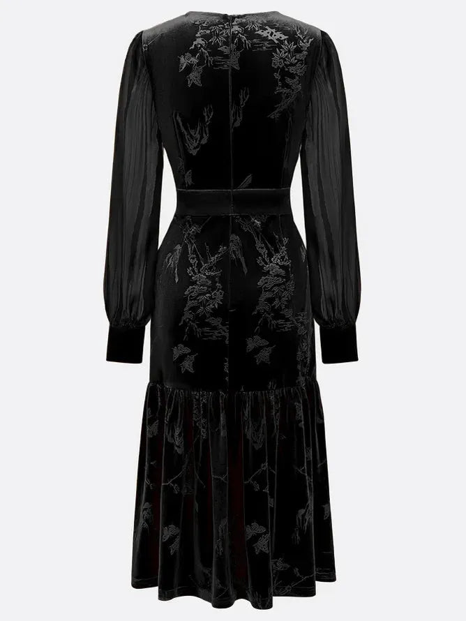 Black Mesh Jacquard Velvet Crew Neck Long Sleeve Balloon Sleeve Mermaid Midi Dress