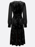 Black Mesh Jacquard Velvet Crew Neck Long Sleeve Balloon Sleeve Mermaid Midi Dress