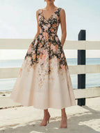 Midi Cotton Dress, Sleeveless, Sweetheart Neck, Floral, Suspenders, Vacation, Vintage, Apricot