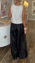 Beaded Lace Crop Tank & Sheer Organza Wide Leg Pants Set