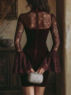 Velvet & Lace Bodycon Mini Dress In Burgundy