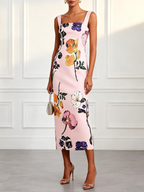 Pink Floral Classic Square Neck Sleeveless Sheath Midi Dress