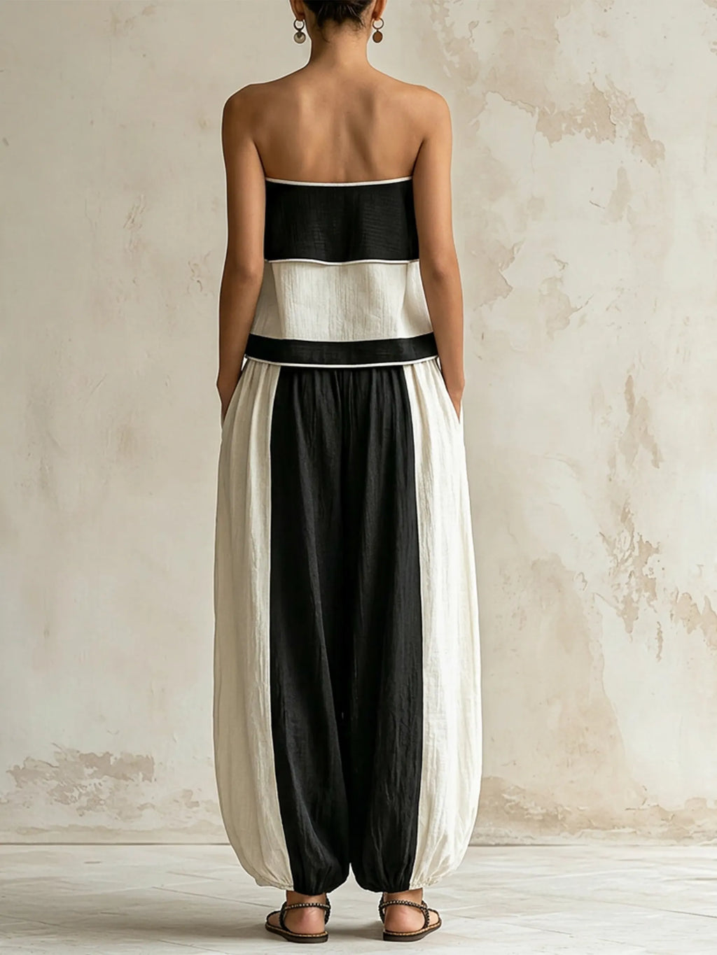 Black & White Color-Block Strapless Top & Balloon Pants Two-Piece Set