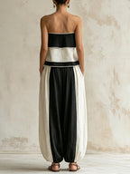 Black & White Color-Block Strapless Top & Balloon Pants Two-Piece Set