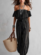 Bohemian Style Black Off-shoulder Striped Jumpsuit
