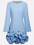 Pink 3D Floral Classic Crew Neck Bell Long Sleeve Shift Mini Dress
