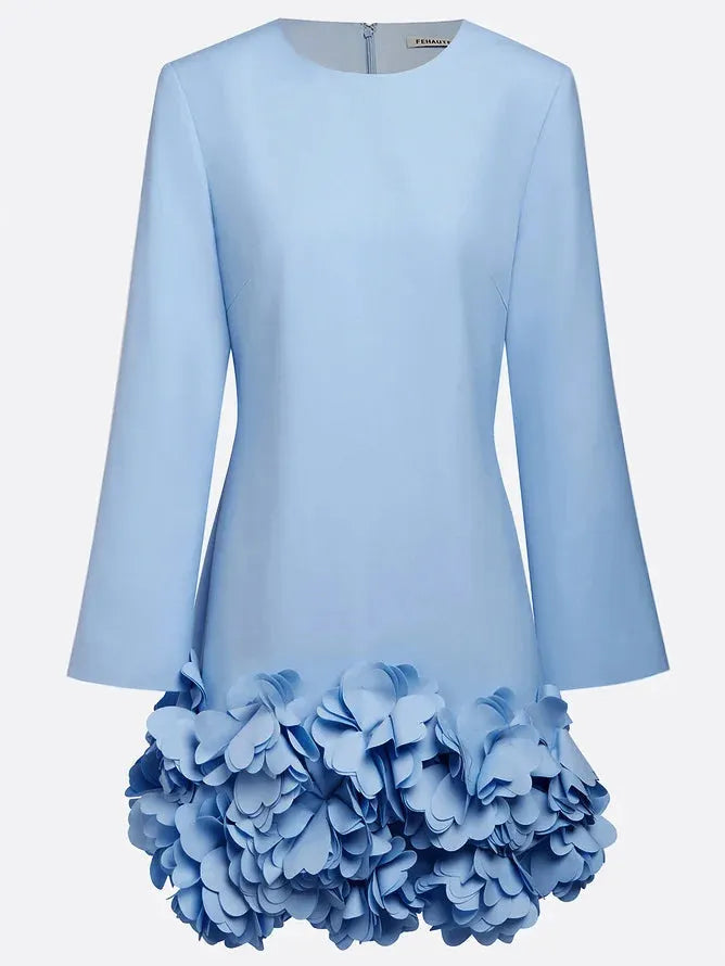 Pink 3D Floral Classic Crew Neck Bell Long Sleeve Shift Mini Dress
