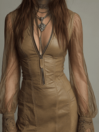 Boho Sheer Sleeve Faux Leather Lace-Trim Mini Dress