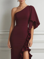 Burgundy One-Shoulder Ruffled Slit Midi Dress