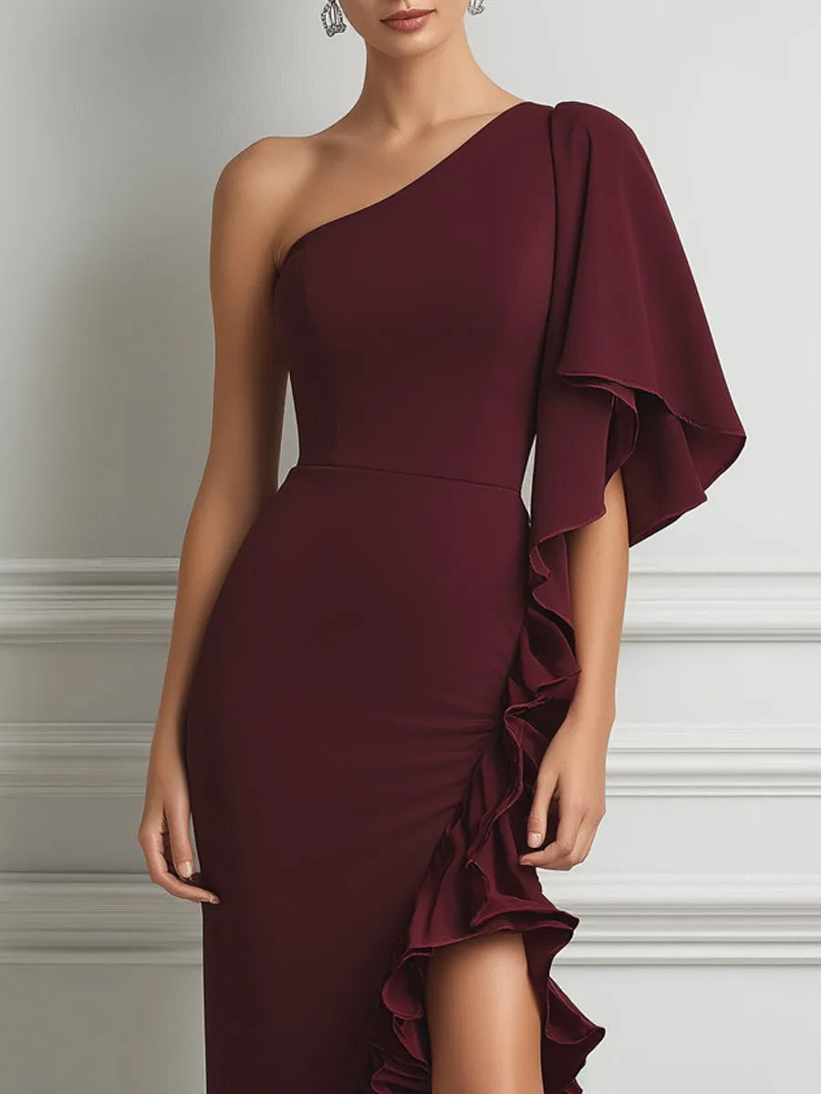 Burgundy One-Shoulder Ruffled Slit Midi Dress