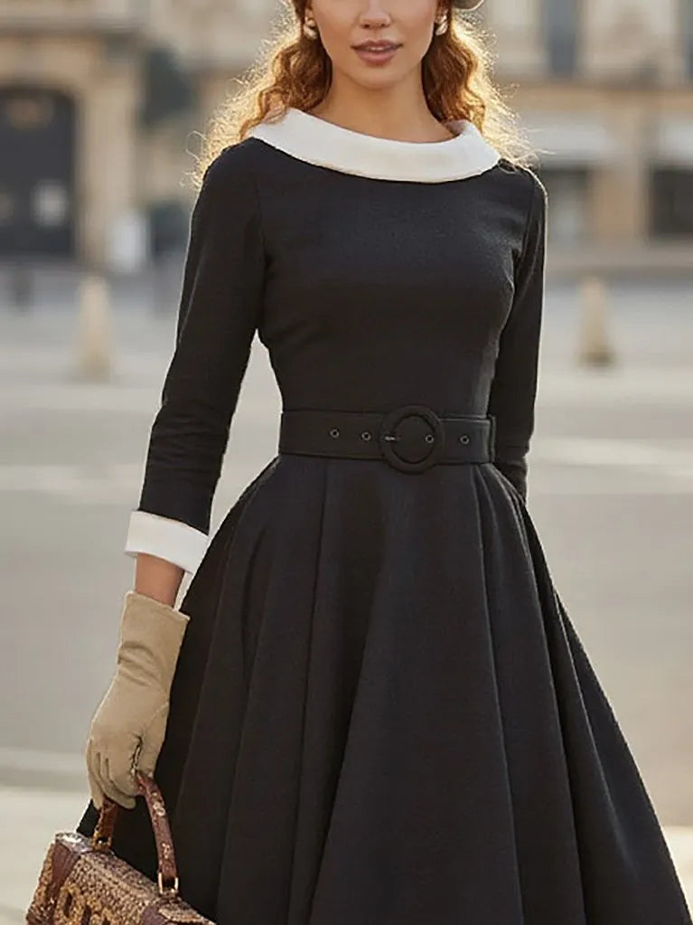 Midi Cotton Dress, Half Sleeve, Round Neck, Plain, Belt Design, Vintage, Black