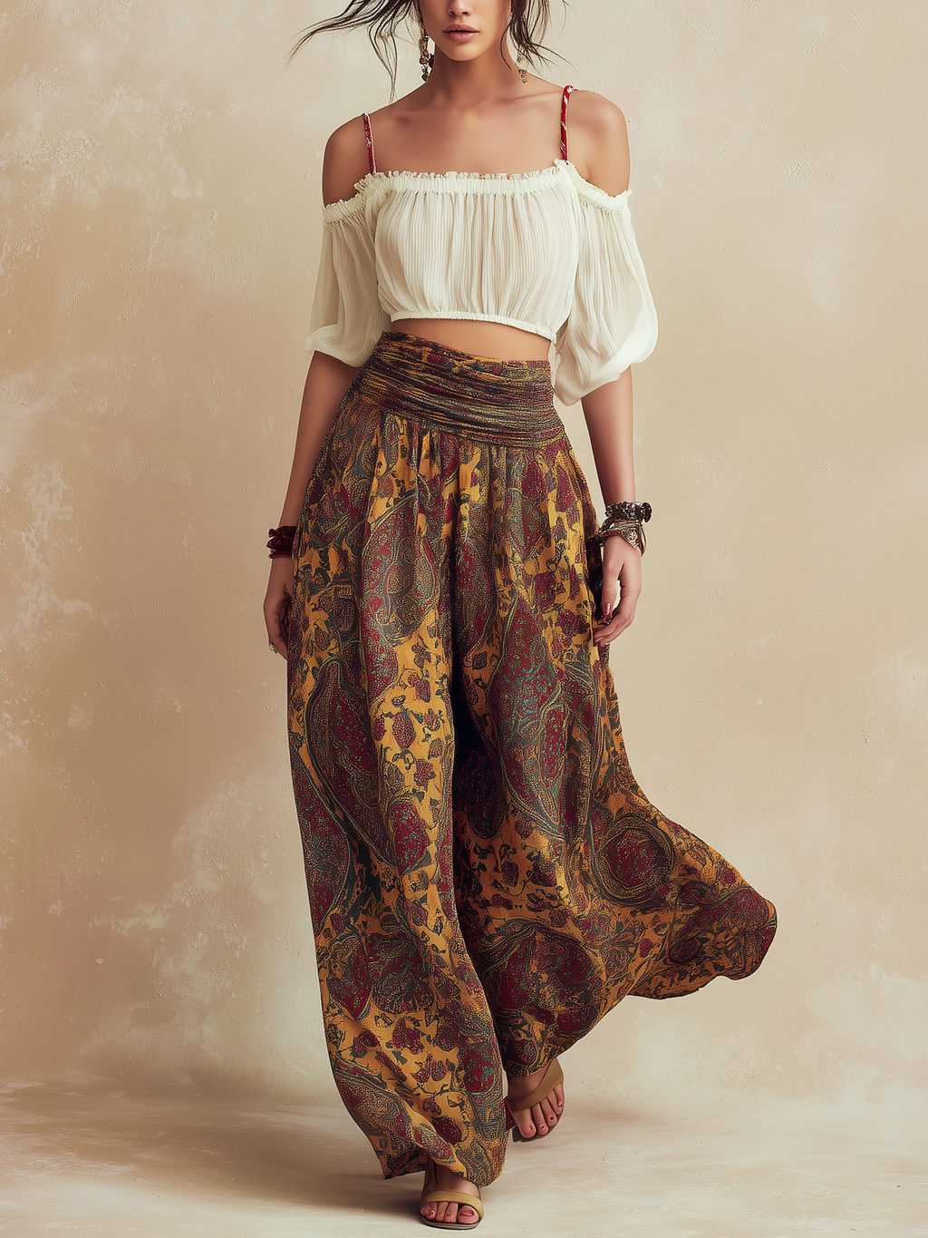 Bohemian Off-Shoulder Two-Piece Set - Flowy Printed Palazzo Pants & Crop Top