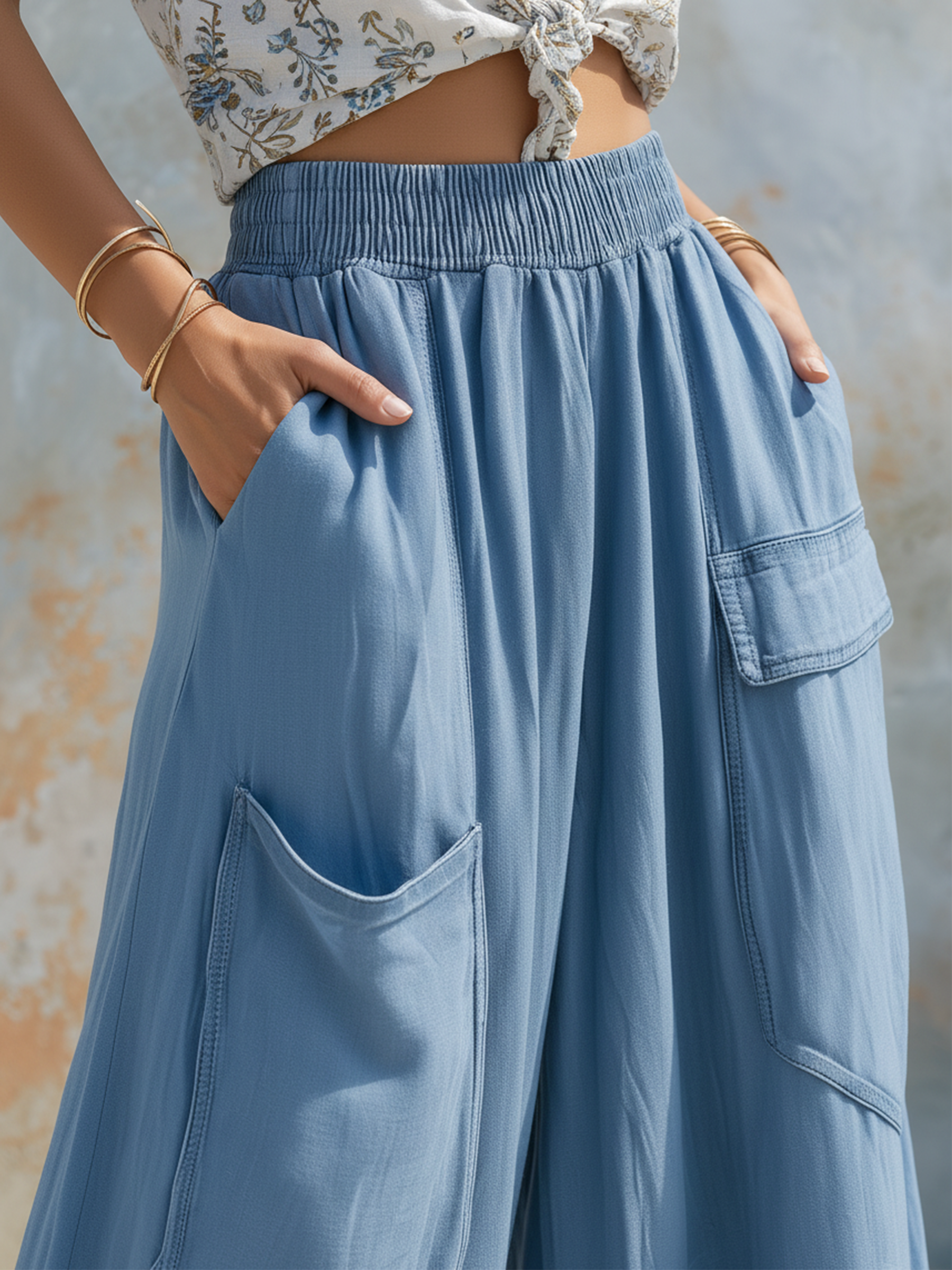 Light Blue Denim High Waist Wide Leg Cargo Pants