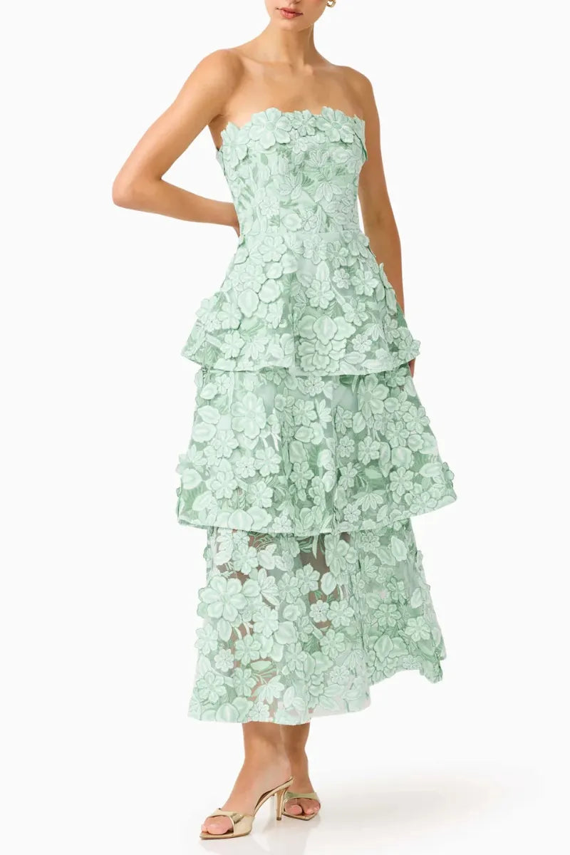 Strapless 3D Floral Tiered Midi Dress