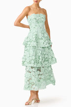 Strapless 3D Floral Tiered Midi Dress