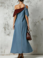 Cold-Shoulder Patchwork Denim Maxi Dress