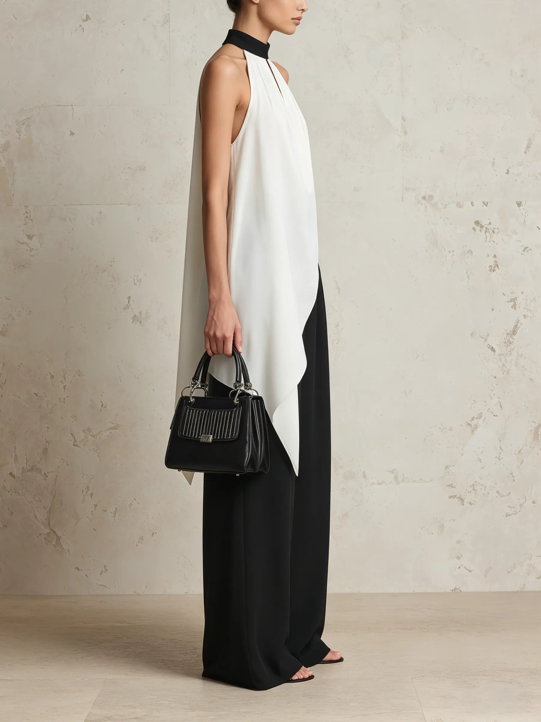 Black & White Halter Top & Wide-Leg Pants Set - Elegant Two-Piece Outfit