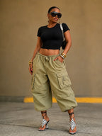 Drawstring Waist Capri Cargo Pants