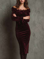 Wine Velvet Off-Shoulder Midi Dress With Lace Trim