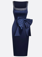 Purplish Blue Hotfix Embellished Bow Satin Square Neck Sleeveless Sheath Midi Dress