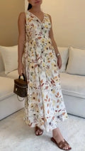 Autumn Floral Lace Tiered V Neck Midi Dress