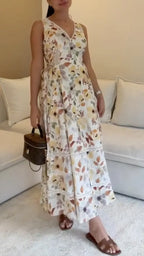Autumn Floral Lace Tiered V Neck Midi Dress