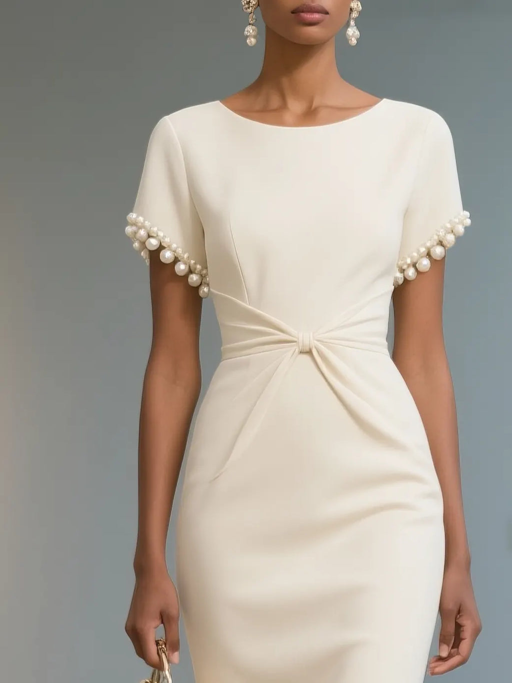 White Faux Pearl Knot Front Classic Boat Neck Short Sleeve Sheath Midi Dress