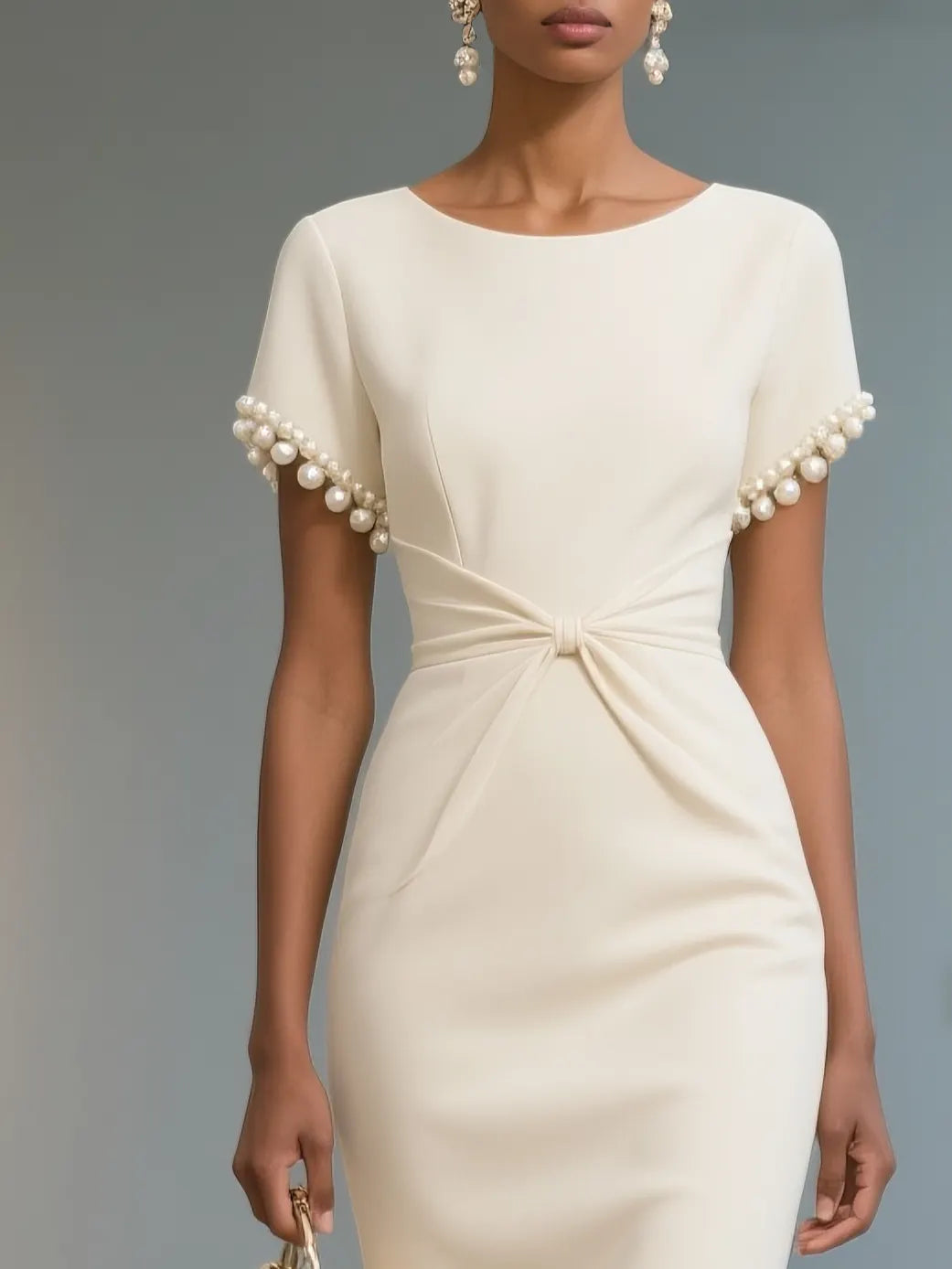 White Faux Pearl Knot Front Classic Boat Neck Short Sleeve Sheath Midi Dress