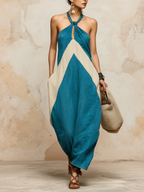 Boho Halter Neck Color Block Maxi Dress | Relaxed Fit Linen Vacation Dress