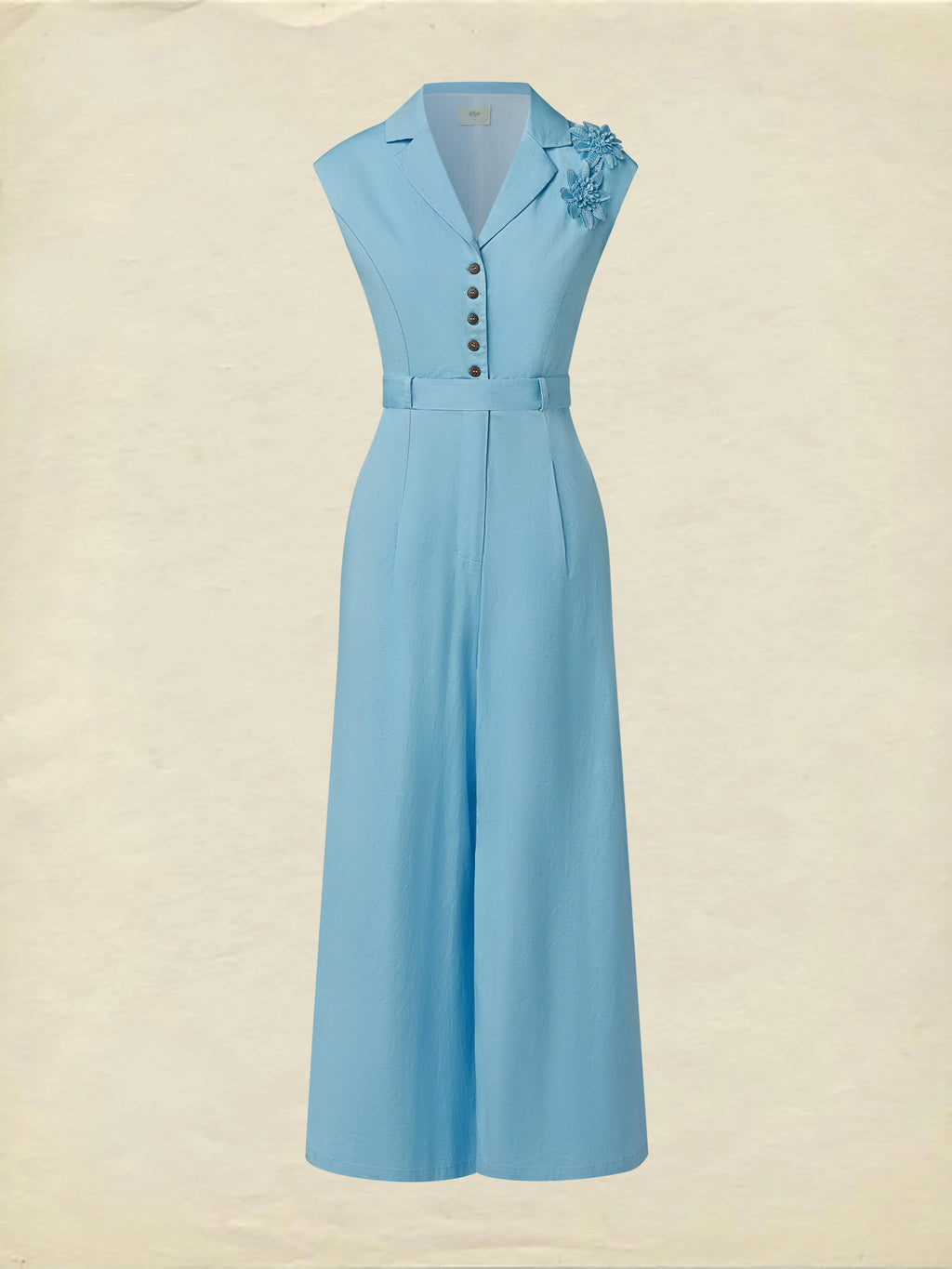 Cotton Jumpsuit , Cap Sleeves, V Neck, Plain, 3D Floral, French Vintage, Blue