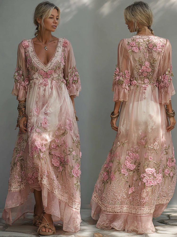 Classy Boho Pink Roses Lace Trim Flowy Maxi Dress