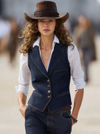 Retro-style Collared Multi-pocket Single-breasted Denim Vest