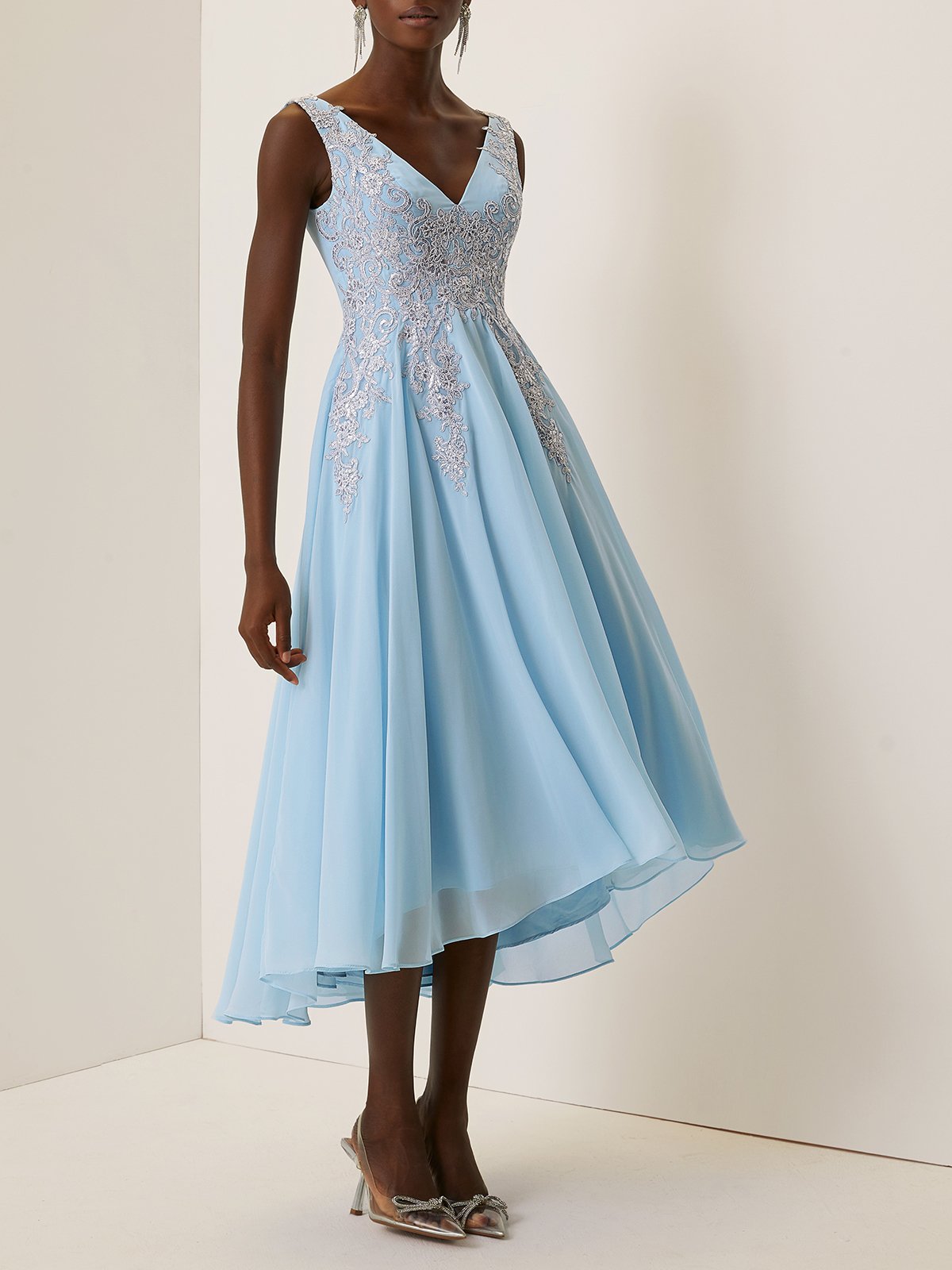 Light Blue Sequin Lace Asymmetric Chiffon V Neck Sleeveless A-Line Maxi Dress