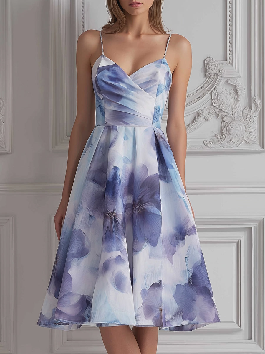 Blue Watercolor Floral Print A-line Flared Midi Dress