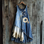 Flowers Denim Textile Lace Patchwork Tank Dress c4a4
