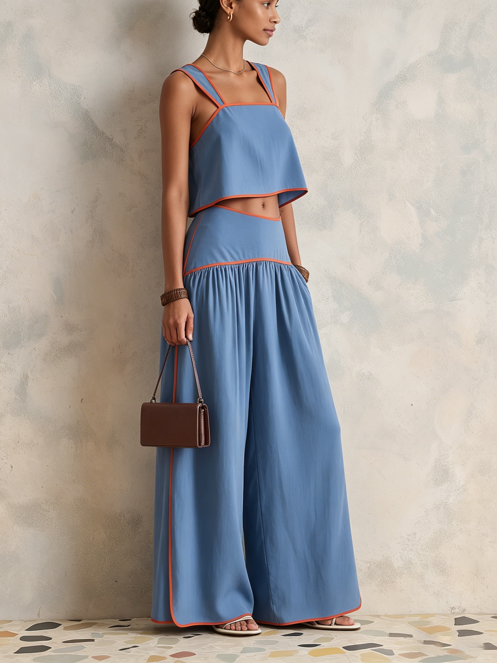 Blue & Orange Contrast Trim Cropped Cami & Wide-Leg Pants Co-ord Set