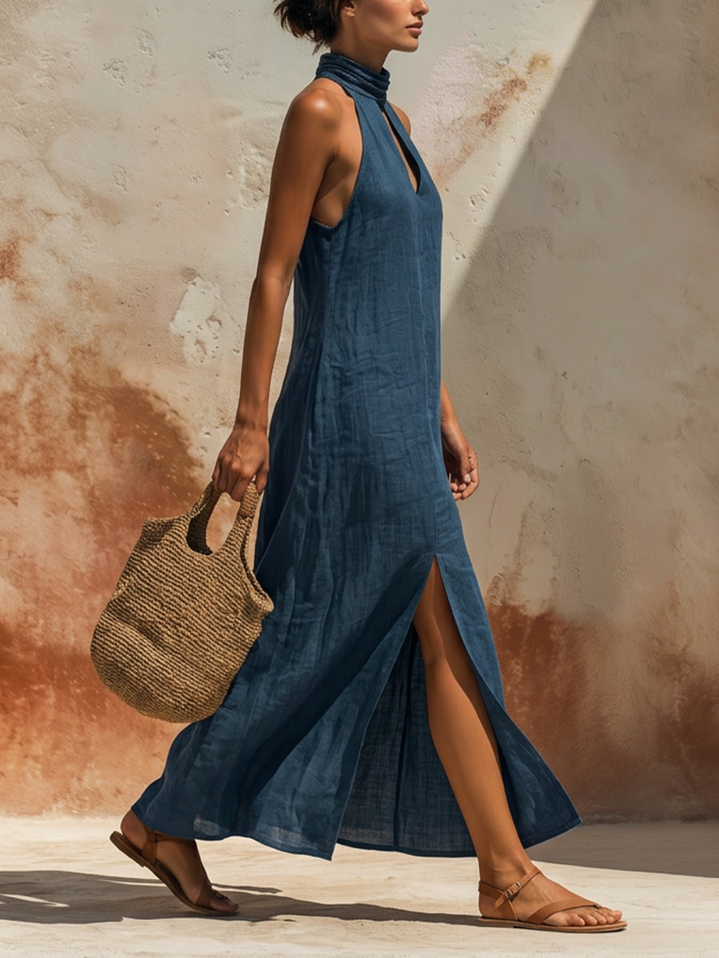 Blue Linen Halter Neck Keyhole Maxi Dress With Slit