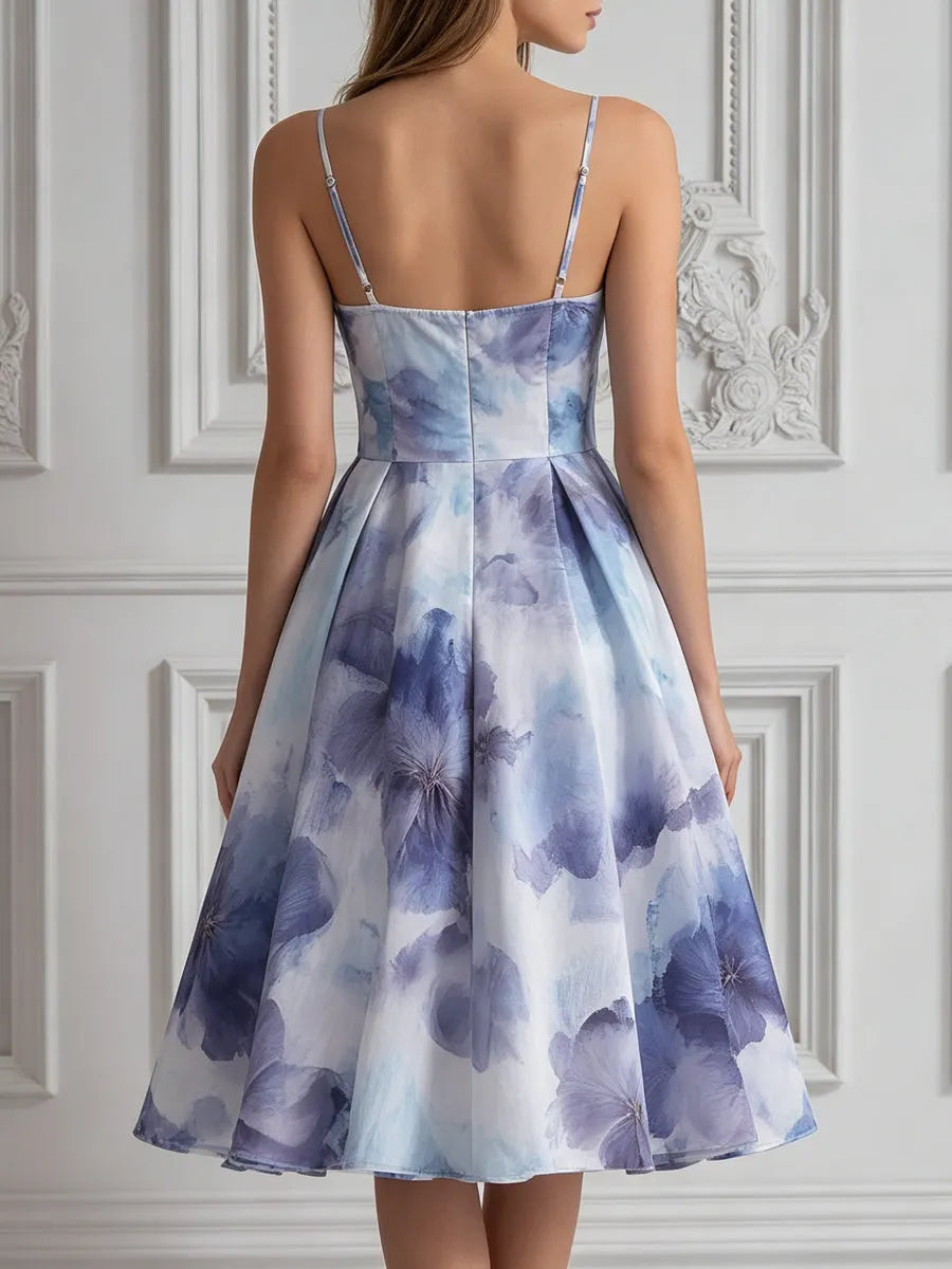 Blue Watercolor Floral Print A-line Flared Midi Dress