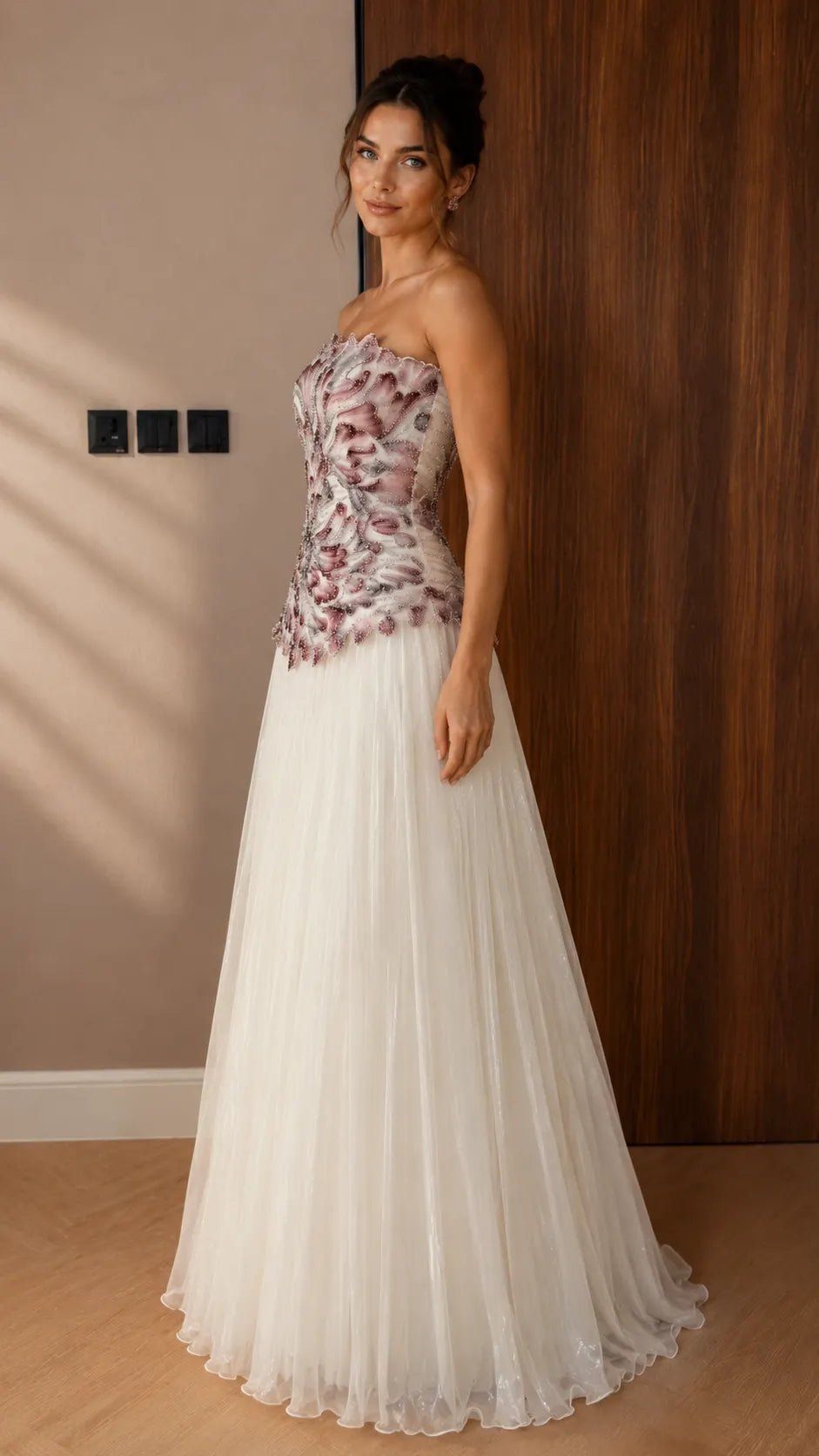 Strapless Gradient Floral Applique Pleated Tulle Evening Dress