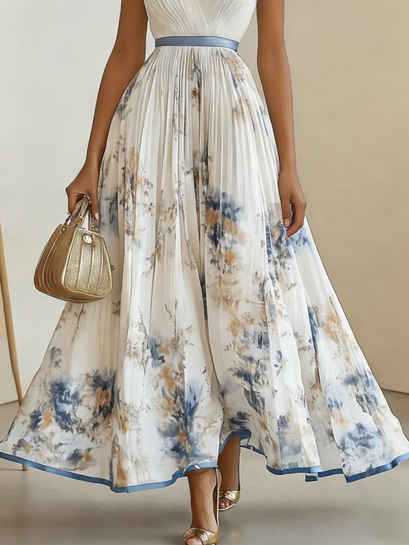 White Pleated Floral Chiffon Halter Sleeveless A-Line Maxi Dress
